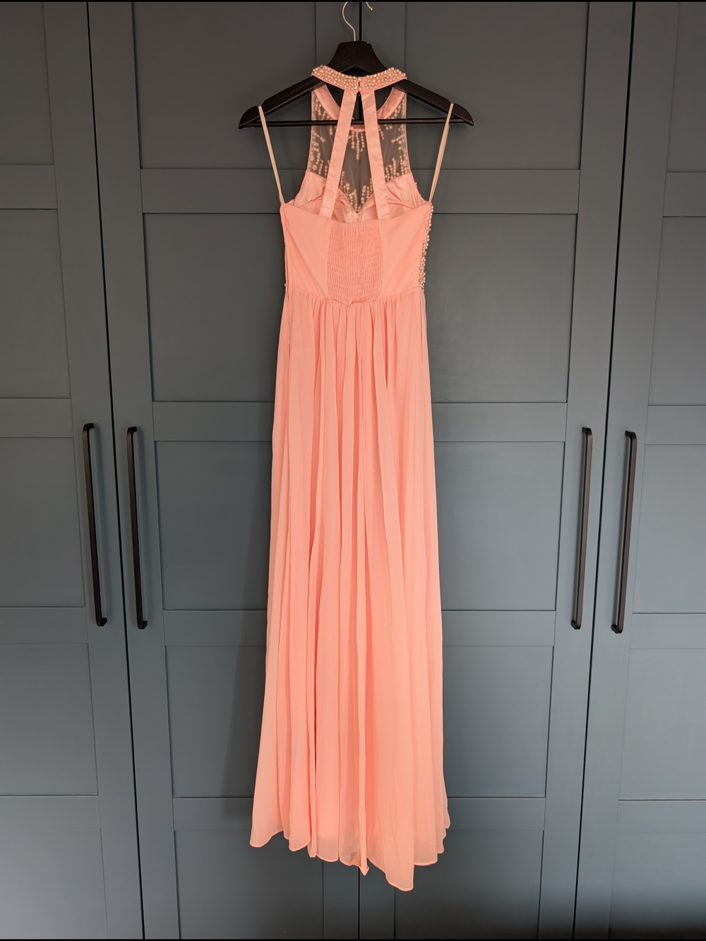 NWT Le Château Blush Pink Pearl Beaded Halter Formal Gown | XXS - Picture 4 of 11